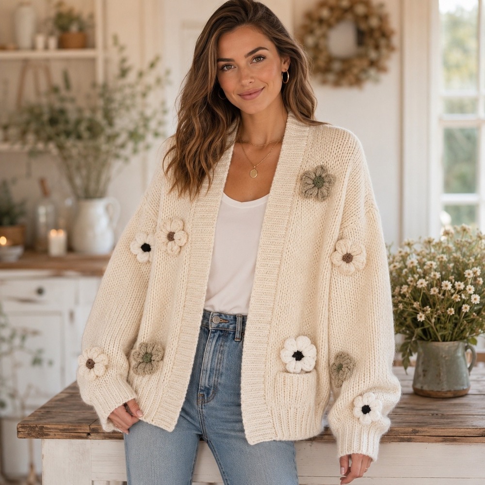 Duchamp Floral Cardigan Womens‎ Cream Knit Cottagecore 3D Flower Sweater Medium